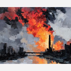 colossal, titan, smoke, destruction, neon, storm, scale, ruin, ash, force, palette knife, oil painting, impasto, texture, expressive, layered paint, dynamic light, atmospheric, color depth, art