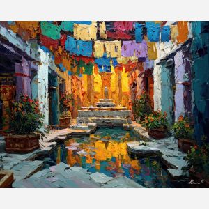 ornament, festival, pattern, color, temple, textile, warm, rhythm, culture, detail, palette knife, oil painting, impasto, texture, expressive, layered paint, dynamic light, atmospheric, color depth, art