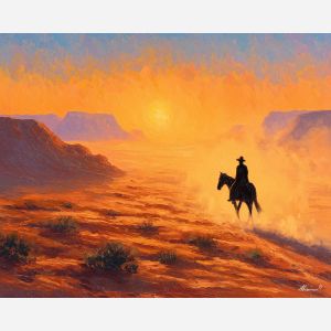 desert, dust, horizon, frontier, horse, sun, wind, trail, plain, sky, palette knife, oil painting, impasto, texture, expressive, layered paint, dynamic light, atmospheric, color depth, art