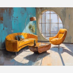 retro, interior, geometry, wood, design, minimal, warm, curve, balance, space, palette knife, oil painting, impasto, texture, expressive, layered paint, dynamic light, atmospheric, color depth, art