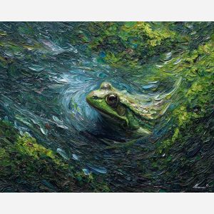 emerald, marsh, rain, jade, pond, ripple, moss, wet, amphibian, lily, palette knife, oil painting, impasto, texture, expressive, layered paint, dynamic light, atmospheric, color depth, art