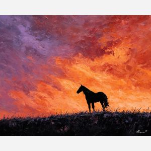 desert, dust, horizon, frontier, horse, sun, wind, trail, plain, sky, palette knife, oil painting, impasto, texture, expressive, layered paint, dynamic light, atmospheric, color depth, art