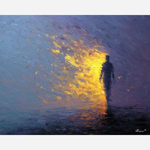 shadow, light, dusk, outline, presence, contrast, glow, void, edge, figure, palette knife, oil painting, impasto, texture, expressive, layered paint, dynamic light, atmospheric, color depth, art