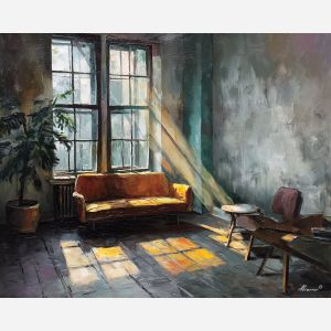 retro, interior, geometry, wood, design, minimal, warm, curve, balance, space, palette knife, oil painting, impasto, texture, expressive, layered paint, dynamic light, atmospheric, color depth, art