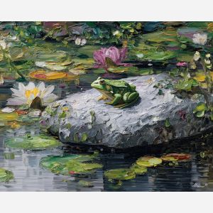 emerald, marsh, rain, jade, pond, ripple, moss, wet, amphibian, lily, palette knife, oil painting, impasto, texture, expressive, layered paint, dynamic light, atmospheric, color depth, art