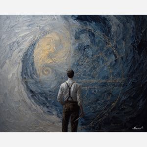 renaissance, geometry, anatomy, chalk, codex, proportion, study, spiral, draft, sepia, palette knife, oil painting, impasto, texture, expressive, layered paint, dynamic light, atmospheric, color depth, art