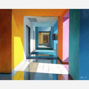 retro, interior, geometry, wood, design, minimal, warm, curve, balance, space, palette knife, oil painting, impasto, texture, expressive, layered paint, dynamic light, atmospheric, color depth, art