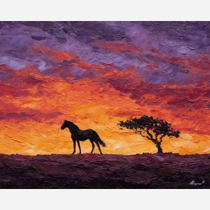 desert, dust, horizon, frontier, horse, sun, wind, trail, plain, sky, palette knife, oil painting, impasto, texture, expressive, layered paint, dynamic light, atmospheric, color depth, art