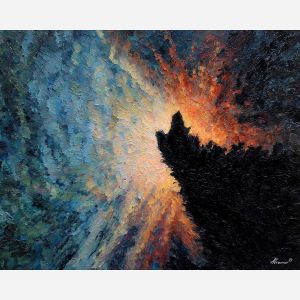 shadow, light, dusk, outline, presence, contrast, glow, void, edge, figure, palette knife, oil painting, impasto, texture, expressive, layered paint, dynamic light, atmospheric, color depth, art