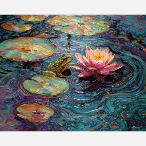 emerald, marsh, rain, jade, pond, ripple, moss, wet, amphibian, lily, palette knife, oil painting, impasto, texture, expressive, layered paint, dynamic light, atmospheric, color depth, art