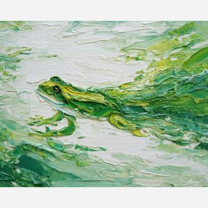 emerald, marsh, rain, jade, pond, ripple, moss, wet, amphibian, lily, palette knife, oil painting, impasto, texture, expressive, layered paint, dynamic light, atmospheric, color depth, art