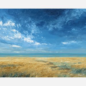 desert, dust, horizon, frontier, horse, sun, wind, trail, plain, sky, palette knife, oil painting, impasto, texture, expressive, layered paint, dynamic light, atmospheric, color depth, art