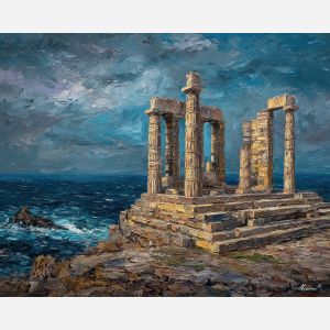 marble, temple, myth, aegean, column, oracle, bronze, ruin, hymn, stone, palette knife, oil painting, impasto, texture, expressive, layered paint, dynamic light, atmospheric, color depth, art