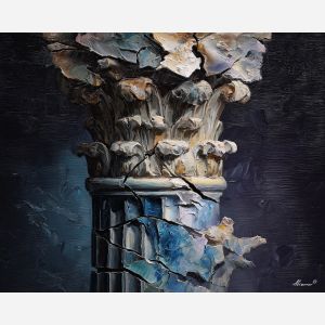 marble, temple, myth, aegean, column, oracle, bronze, ruin, hymn, stone, palette knife, oil painting, impasto, texture, expressive, layered paint, dynamic light, atmospheric, color depth, art
