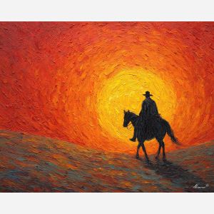 desert, dust, horizon, frontier, horse, sun, wind, trail, plain, sky, palette knife, oil painting, impasto, texture, expressive, layered paint, dynamic light, atmospheric, color depth, art