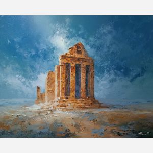 marble, temple, myth, aegean, column, oracle, bronze, ruin, hymn, stone, palette knife, oil painting, impasto, texture, expressive, layered paint, dynamic light, atmospheric, color depth, art