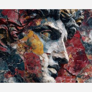 marble, temple, myth, aegean, column, oracle, bronze, ruin, hymn, stone, palette knife, oil painting, impasto, texture, expressive, layered paint, dynamic light, atmospheric, color depth, art