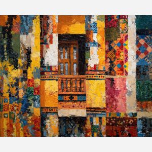 ornament, festival, pattern, color, temple, textile, warm, rhythm, culture, detail, palette knife, oil painting, impasto, texture, expressive, layered paint, dynamic light, atmospheric, color depth, art