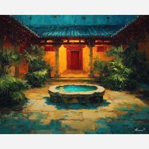 ornament, festival, pattern, color, temple, textile, warm, rhythm, culture, detail, palette knife, oil painting, impasto, texture, expressive, layered paint, dynamic light, atmospheric, color depth, art