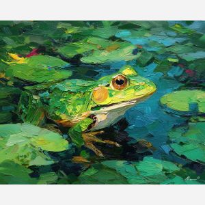 emerald, marsh, rain, jade, pond, ripple, moss, wet, amphibian, lily, palette knife, oil painting, impasto, texture, expressive, layered paint, dynamic light, atmospheric, color depth, art