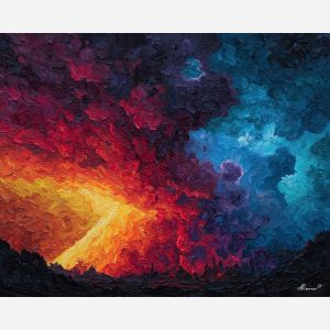 colossal, titan, smoke, destruction, neon, storm, scale, ruin, ash, force, palette knife, oil painting, impasto, texture, expressive, layered paint, dynamic light, atmospheric, color depth, art