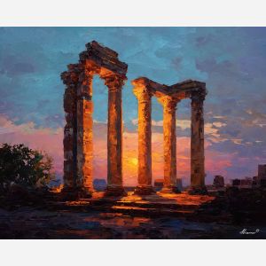 marble, temple, myth, aegean, column, oracle, bronze, ruin, hymn, stone, palette knife, oil painting, impasto, texture, expressive, layered paint, dynamic light, atmospheric, color depth, art