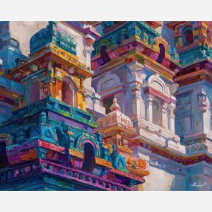 ornament, festival, pattern, color, temple, textile, warm, rhythm, culture, detail, palette knife, oil painting, impasto, texture, expressive, layered paint, dynamic light, atmospheric, color depth, art