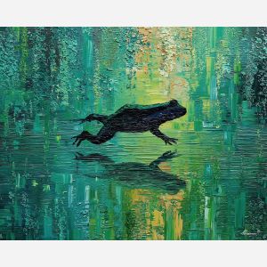 emerald, marsh, rain, jade, pond, ripple, moss, wet, amphibian, lily, palette knife, oil painting, impasto, texture, expressive, layered paint, dynamic light, atmospheric, color depth, art