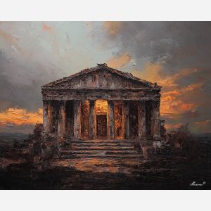 marble, temple, myth, aegean, column, oracle, bronze, ruin, hymn, stone, palette knife, oil painting, impasto, texture, expressive, layered paint, dynamic light, atmospheric, color depth, art