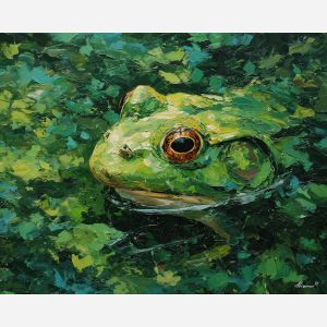 emerald, marsh, rain, jade, pond, ripple, moss, wet, amphibian, lily, palette knife, oil painting, impasto, texture, expressive, layered paint, dynamic light, atmospheric, color depth, art