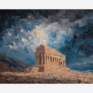 marble, temple, myth, aegean, column, oracle, bronze, ruin, hymn, stone, palette knife, oil painting, impasto, texture, expressive, layered paint, dynamic light, atmospheric, color depth, art