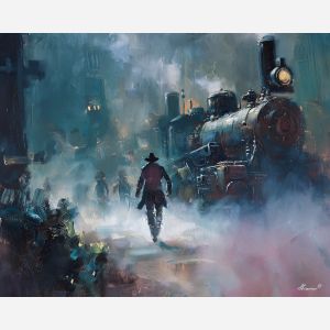 gear, brass, steam, iron, clock, fog, valve, copper, shadow, smoke, palette knife, oil painting, impasto, texture, layered paint, expressive surface, color depth, atmospheric, visual mood, art