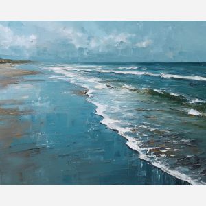 salt, horizon, drift, tide, open, blue, wind, shore, pale, calm, palette knife, oil painting, impasto, texture, layered paint, expressive surface, color depth, atmospheric, visual mood, art