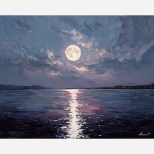 tide, deep, blue, current, moon, pearl, drift, sea, quiet, glow, palette knife, oil painting, impasto, texture, layered paint, expressive surface, color depth, atmospheric, visual mood, art