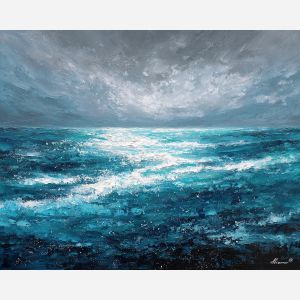 tide, deep, blue, current, moon, pearl, drift, sea, quiet, glow, palette knife, oil painting, impasto, texture, layered paint, expressive surface, color depth, atmospheric, visual mood, art