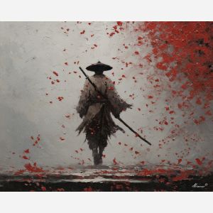 steel, honor, blade, night, silent, crimson, ash, wind, shadow, still, palette knife, oil painting, impasto, texture, layered paint, expressive surface, color depth, atmospheric, visual mood, art