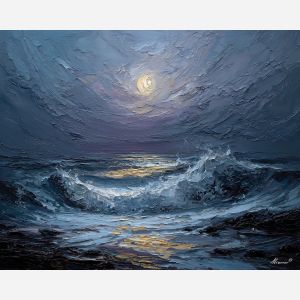 tide, deep, blue, current, moon, pearl, drift, sea, quiet, glow, palette knife, oil painting, impasto, texture, layered paint, expressive surface, color depth, atmospheric, visual mood, art