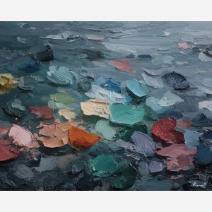 soft, clear, slow, drift, glow, wave, quiet, light, fluid, tender, palette knife, oil painting, impasto, texture, layered paint, expressive surface, color depth, atmospheric, visual mood, art