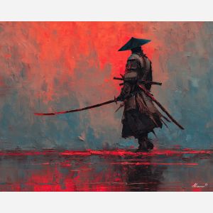 steel, honor, blade, night, silent, crimson, ash, wind, shadow, still, palette knife, oil painting, impasto, texture, layered paint, expressive surface, color depth, atmospheric, visual mood, art