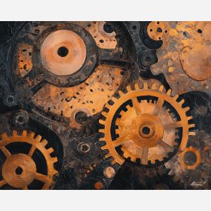 gear, brass, steam, iron, clock, fog, valve, copper, shadow, smoke, palette knife, oil painting, impasto, texture, layered paint, expressive surface, color depth, atmospheric, visual mood, art