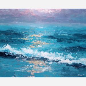 tide, deep, blue, current, moon, pearl, drift, sea, quiet, glow, palette knife, oil painting, impasto, texture, layered paint, expressive surface, color depth, atmospheric, visual mood, art