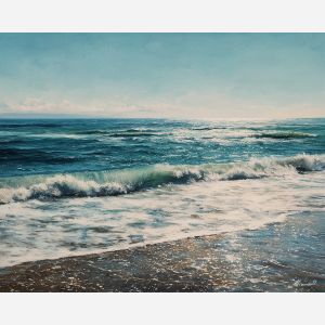 salt, horizon, drift, tide, open, blue, wind, shore, pale, calm, palette knife, oil painting, impasto, texture, layered paint, expressive surface, color depth, atmospheric, visual mood, art