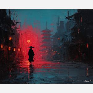 steel, honor, blade, night, silent, crimson, ash, wind, shadow, still, palette knife, oil painting, impasto, texture, layered paint, expressive surface, color depth, atmospheric, visual mood, art