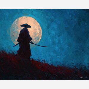 steel, honor, blade, night, silent, crimson, ash, wind, shadow, still, palette knife, oil painting, impasto, texture, layered paint, expressive surface, color depth, atmospheric, visual mood, art