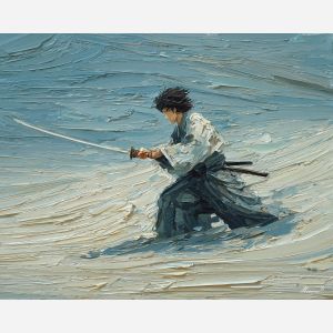 steel, honor, blade, night, silent, crimson, ash, wind, shadow, still, palette knife, oil painting, impasto, texture, layered paint, expressive surface, color depth, atmospheric, visual mood, art