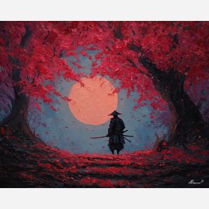 steel, honor, blade, night, silent, crimson, ash, wind, shadow, still, palette knife, oil painting, impasto, texture, layered paint, expressive surface, color depth, atmospheric, visual mood, art