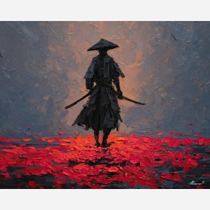 steel, honor, blade, night, silent, crimson, ash, wind, shadow, still, palette knife, oil painting, impasto, texture, layered paint, expressive surface, color depth, atmospheric, visual mood, art