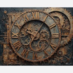gear, brass, steam, iron, clock, fog, valve, copper, shadow, smoke, palette knife, oil painting, impasto, texture, layered paint, expressive surface, color depth, atmospheric, visual mood, art