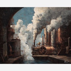 gear, brass, steam, iron, clock, fog, valve, copper, shadow, smoke, palette knife, oil painting, impasto, texture, layered paint, expressive surface, color depth, atmospheric, visual mood, art