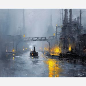 gear, brass, steam, iron, clock, fog, valve, copper, shadow, smoke, palette knife, oil painting, impasto, texture, layered paint, expressive surface, color depth, atmospheric, visual mood, art